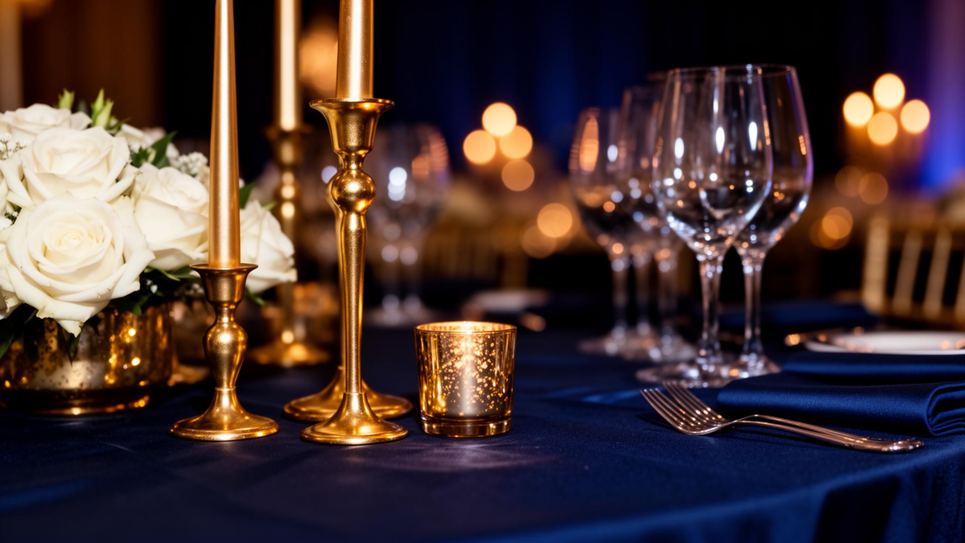 Mesa de evento elegante com candelabros dourados